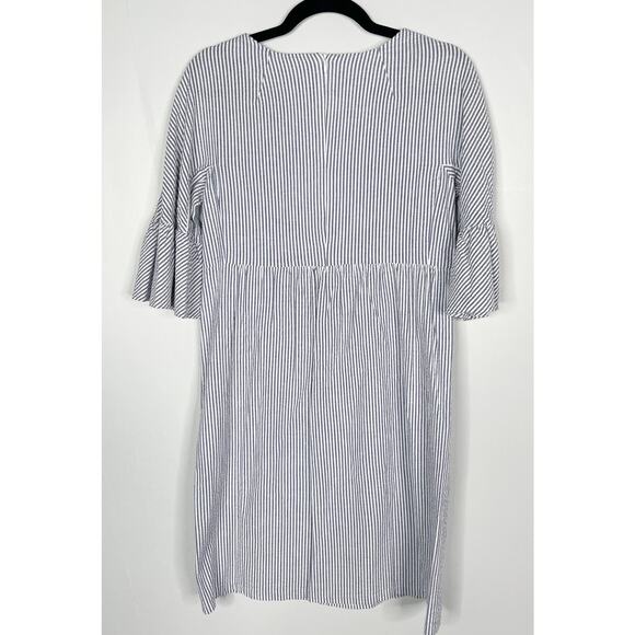 Kim and Proper XXS Blue White Seersucker Striped Short Bell Sleeve Dress Cotton - Picture 2 of 11